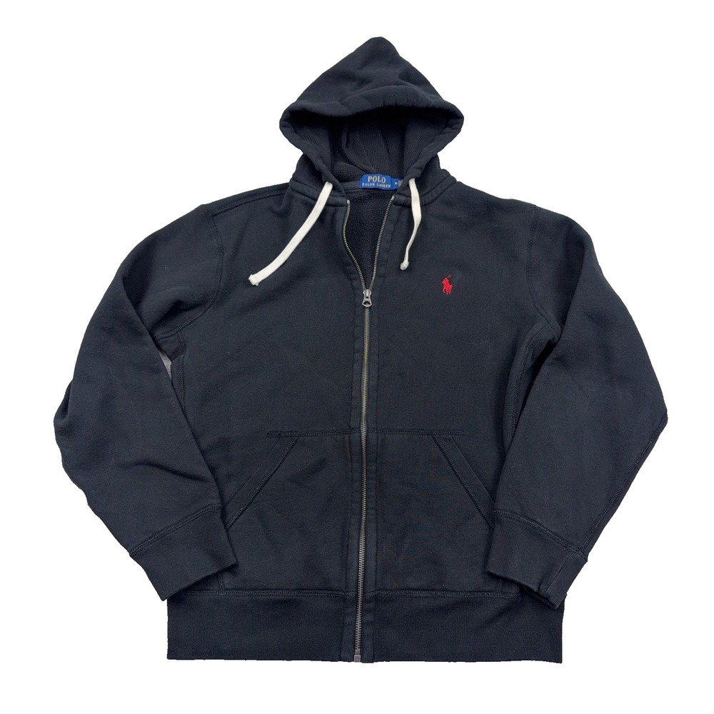 Polo Ralph Lauren Hoodie MenMedium Black Red Full Zip Pony Waffle Hood Adult
